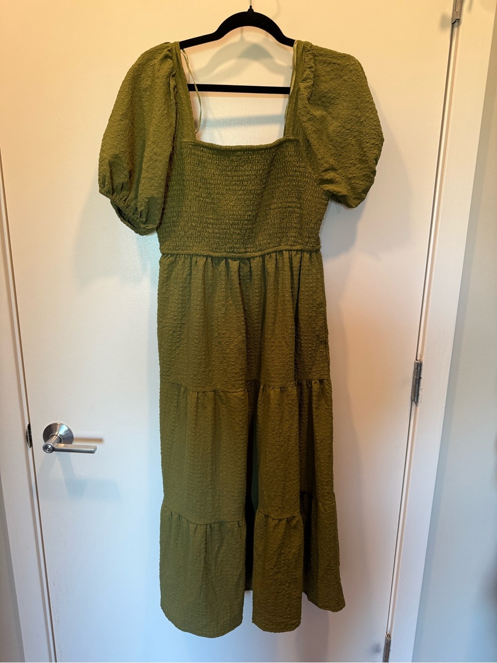 Olive Green Puff-Sleeve Tiered Maxi Dress